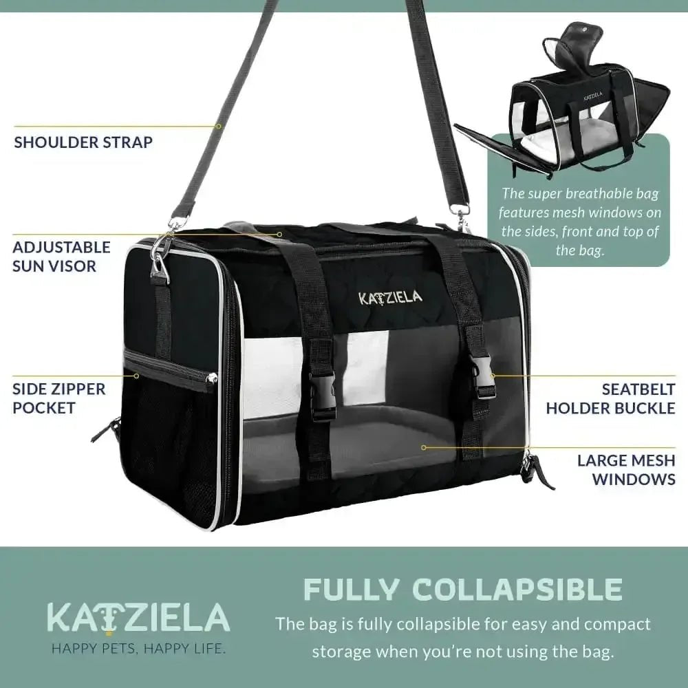 Katziela Deluxe Quilted Airline Approved Pet Dog & Cat Carrier for Airplane Travel - Talis Us