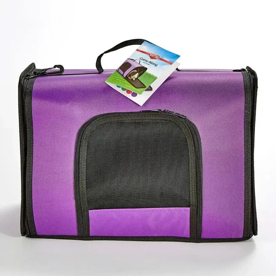 The Kaytee® Come Along Carrier for Small Animal, in assorted colors, features a mesh front window, zipper closure, and carrying handle with a product tag attached. This soft-sided carrier by Kaytee® is perfect for travel with your pet.