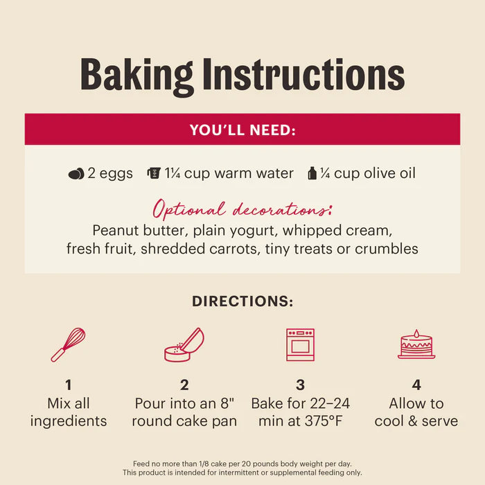 Baking instructions for dog cake mix showing ingredients, optional decorations, and 4-step process.