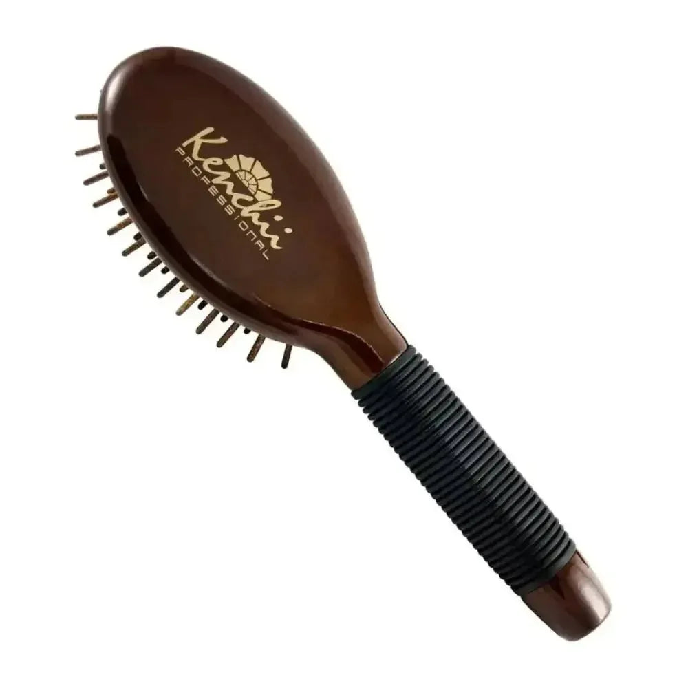 Kenchii wooden pin brush with a dark maple finish and a black non-slip ergonomic grip.