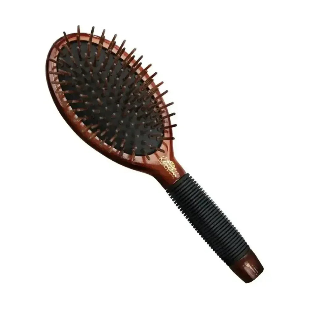 Kenchii Wooden Pin Brush with maple wood body, non-static pins, and a black non-slip grip handle.