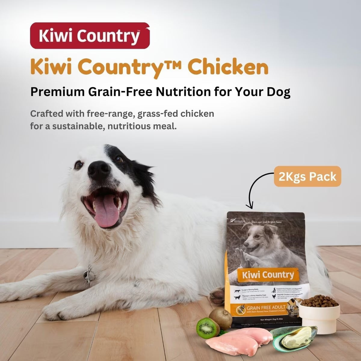Kiwi Country Grain Free Chicken Dog Food in 2kg pack for nutritious, grain-free meals for dogs