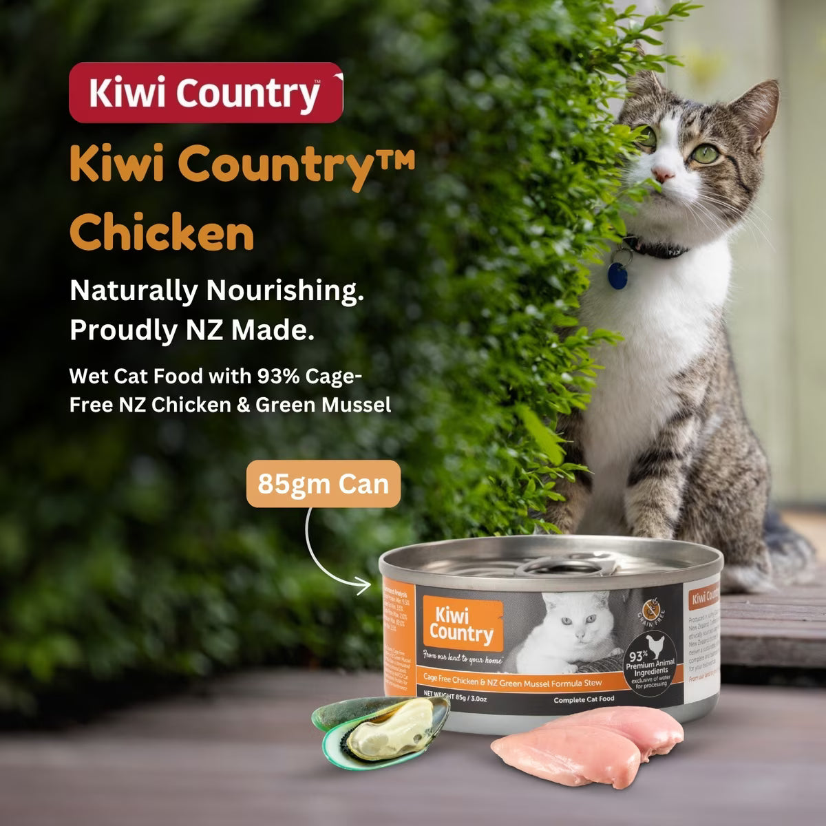 Kiwi Country chicken wet cat food in 85g can featuring cage-free NZ chicken and green mussel for cats