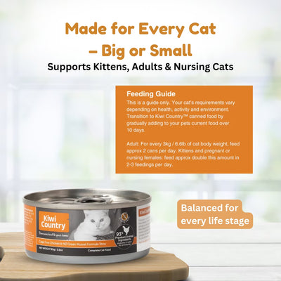 Kiwi Country chicken wet cat food in a 5.5 oz can, balanced nutrition for all cats including kittens and adults