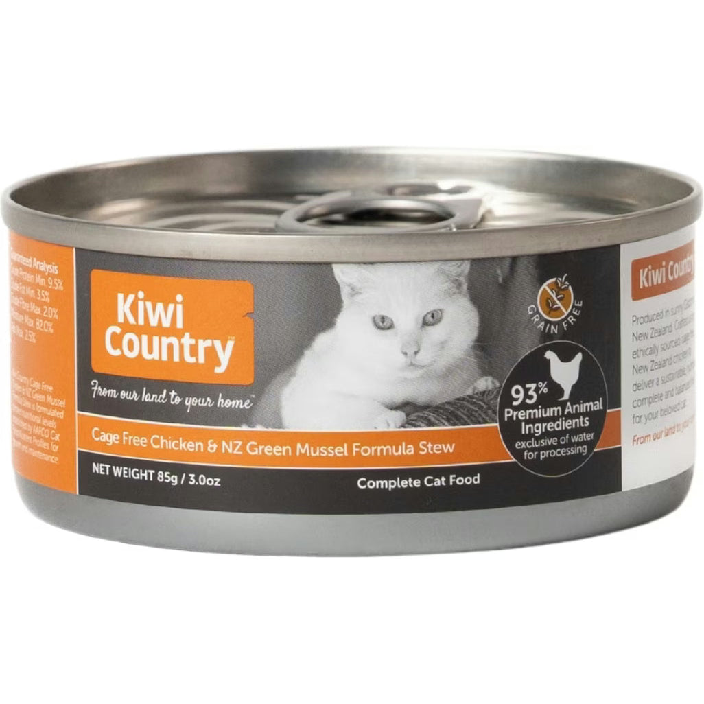 Kiwi Country chicken wet cat food in a 3.0 oz can, featuring a grain-free formula for cats