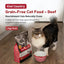 Kiwi Country grain free beef cat food in a 1 kg pack with a cat ready to eat from a bowl