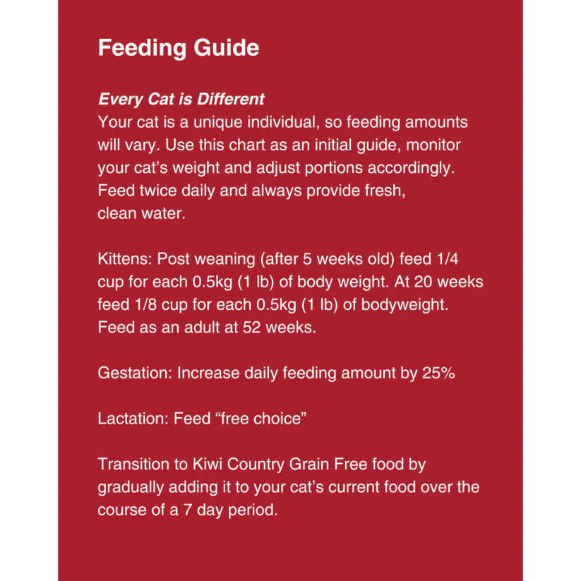 Kiwi Country Grain Free Beef Cat Food feeding guide with instructions for kittens and adult cats