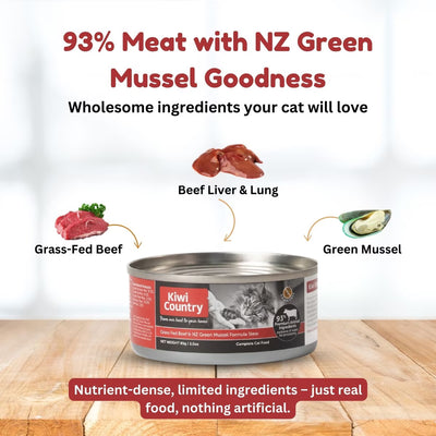 Kiwi Country grain free cat food with mussel, featuring beef liver, grass-fed beef, and green mussel.