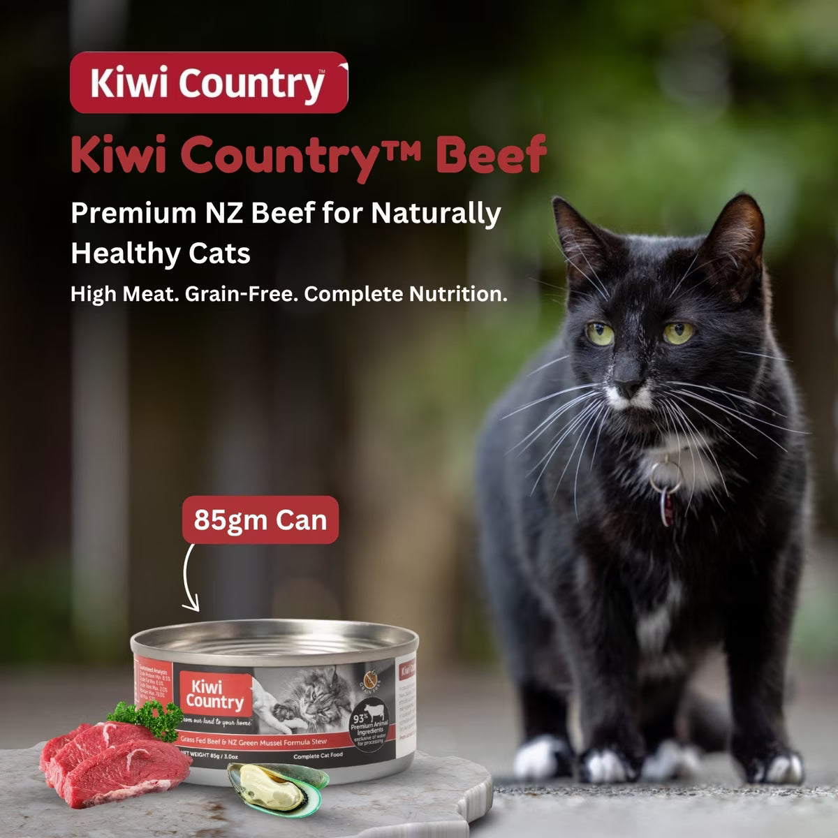 Kiwi Country grain free cat food with mussel in a 85gm can, featuring premium NZ beef for healthy cats