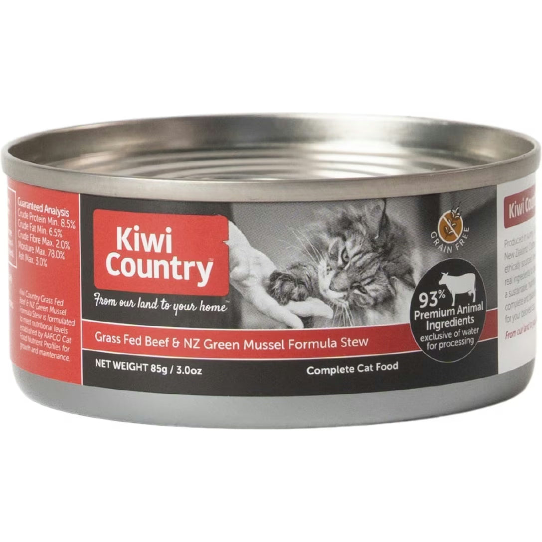 Kiwi Country grain free cat food with mussel in a 3.0oz can featuring grass fed beef and NZ green mussel formula stew