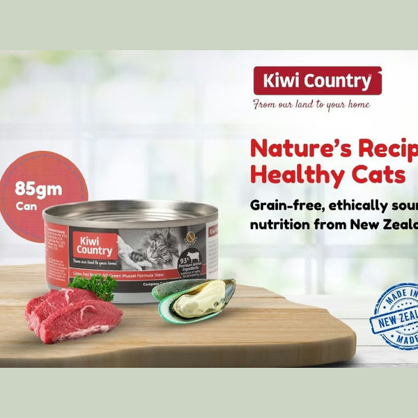 Kiwi Country 85gm can of grain free cat food with mussel for healthy cats, ethically sourced from New Zealand