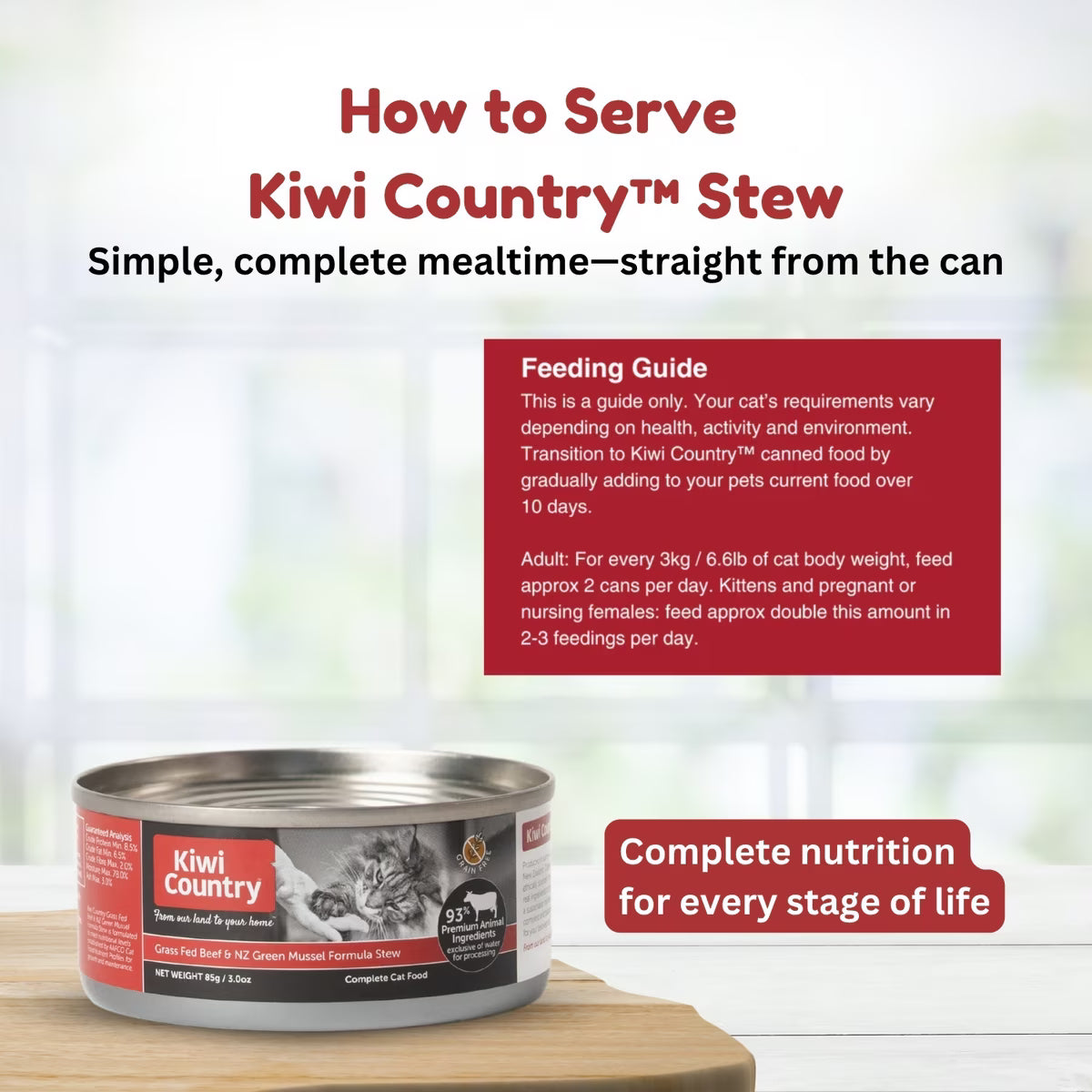 Kiwi Country grain free cat food with mussel wet food in a can, offering complete nutrition for every stage of life