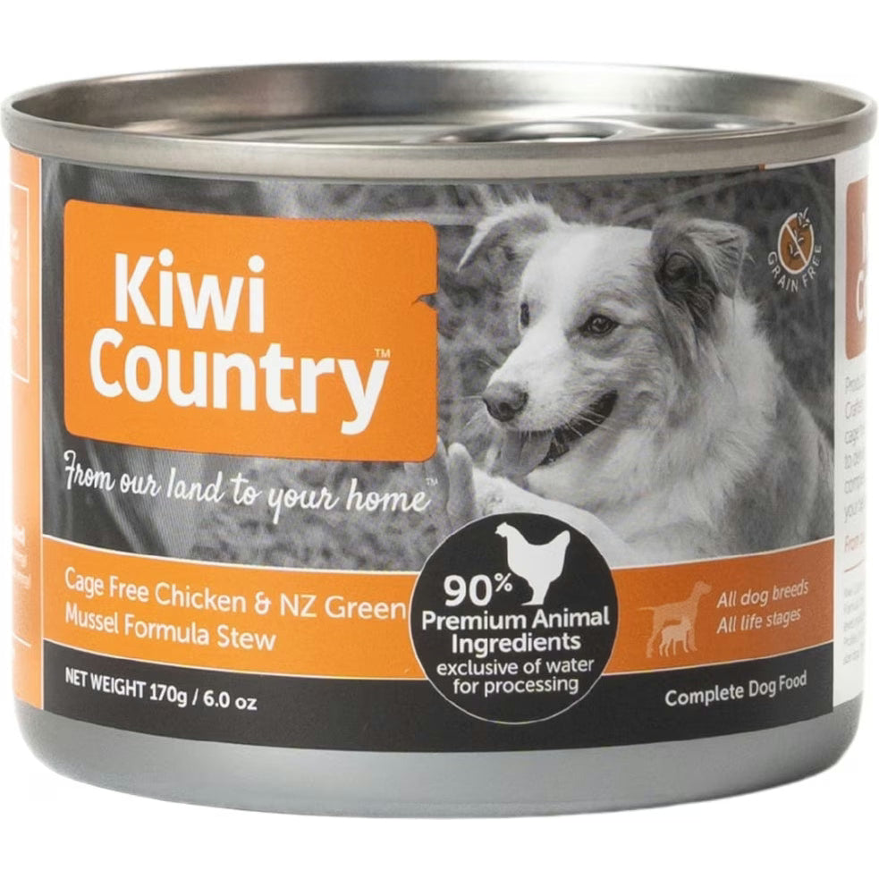 Kiwi Country grain free chicken dog food cans with cage free chicken and mussel formula stew for dogs