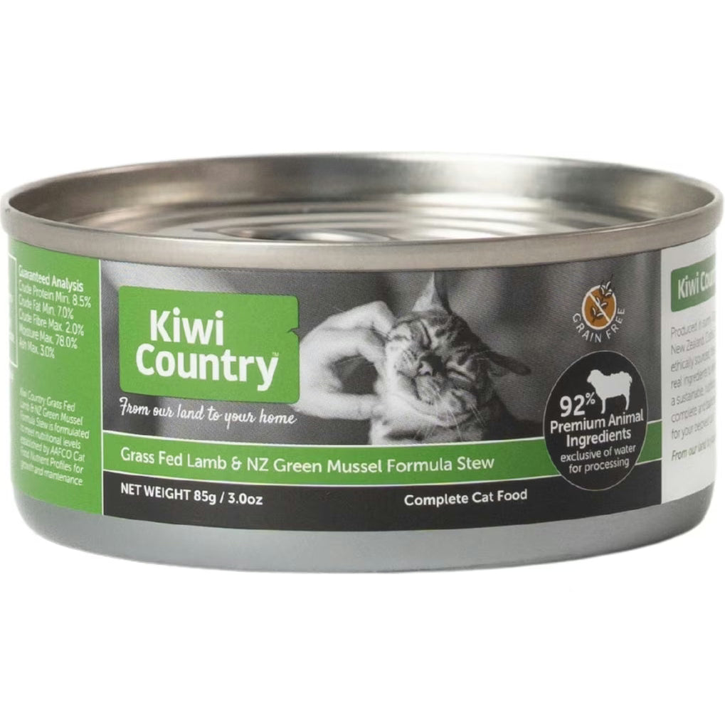 Kiwi Country grain free lamb cat food in a can featuring grass-fed lamb and NZ green mussel for complete nutrition