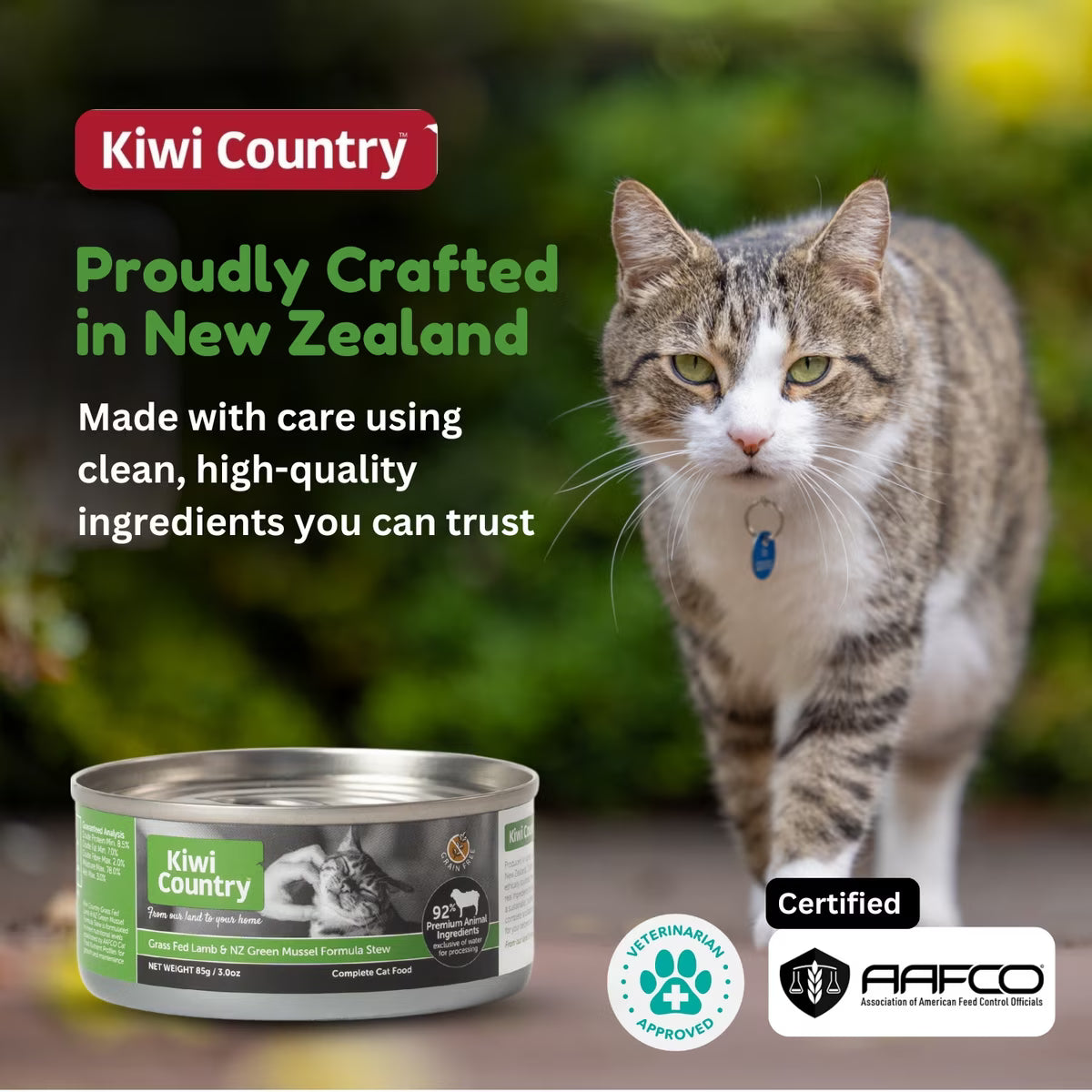 Kiwi Country grain free lamb cat food in a can, formulated for healthy cats with quality ingredients