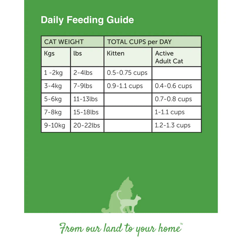 Kiwi Country grain free lamb cat food feeding guide for kittens and active adult cats