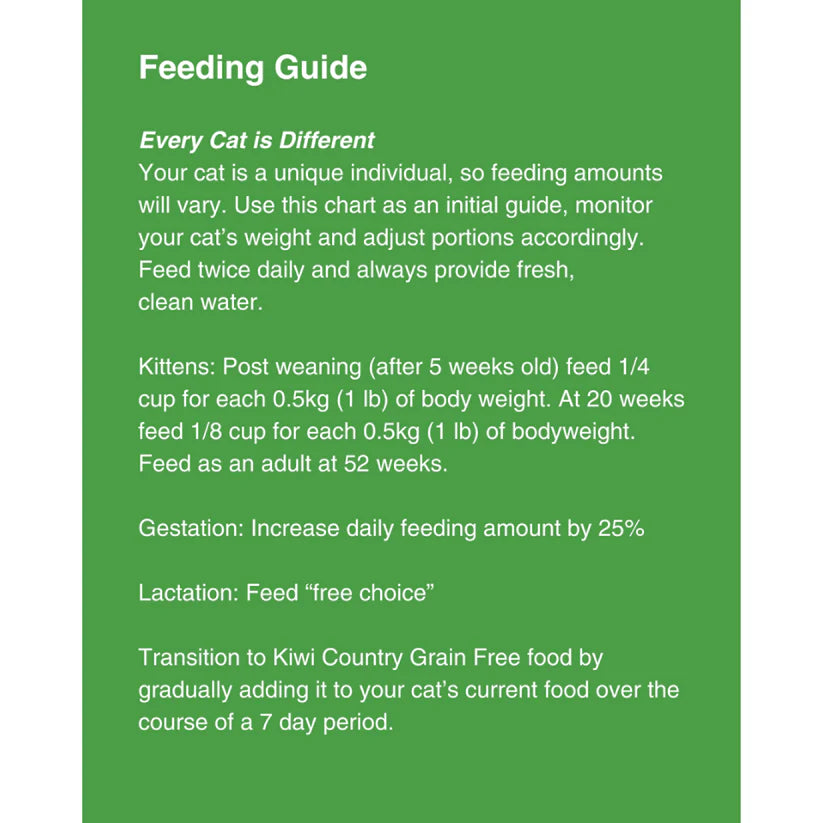 Kiwi Country Grain Free Lamb Cat Food feeding guide for kittens and adult cats in a green booklet