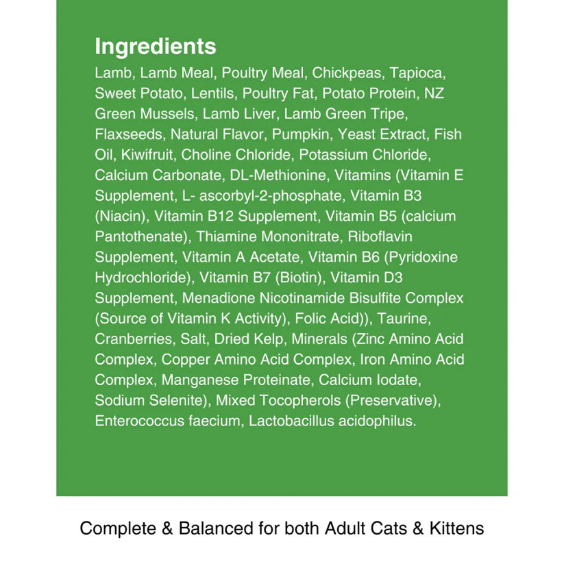 Kiwi Country grain free lamb cat food in green packaging for complete nutrition for adult cats and kittens