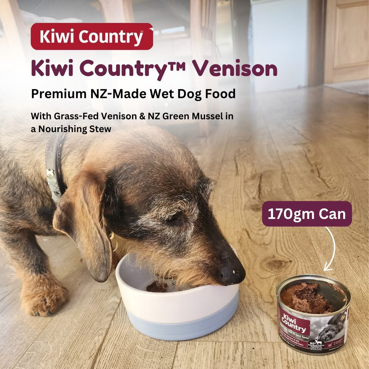 Kiwi Country grain free wet dog food in a 170gm can for dogs, featuring premium NZ-made venison and green mussel.