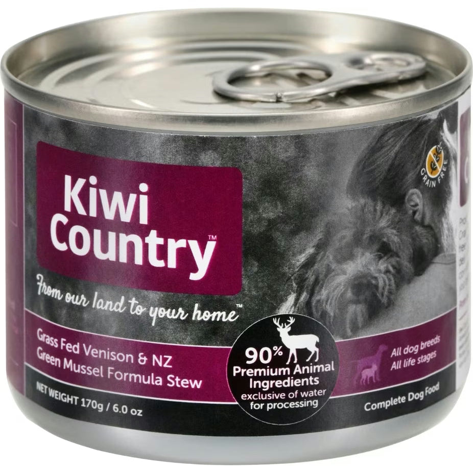 Kiwi Country grain free wet dog food with grass fed venison and green mussel formula in a 6 oz can