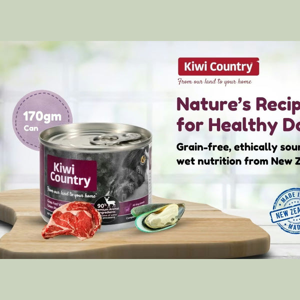 Kiwi Country Grain Free Wet Dog Food in 170g can, featuring natural ingredients for healthy dogs