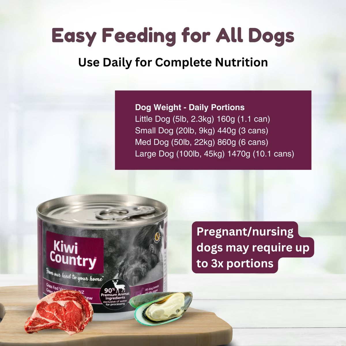 Kiwi Country grain free wet dog food in a can with easy feeding guidelines for all dog sizes