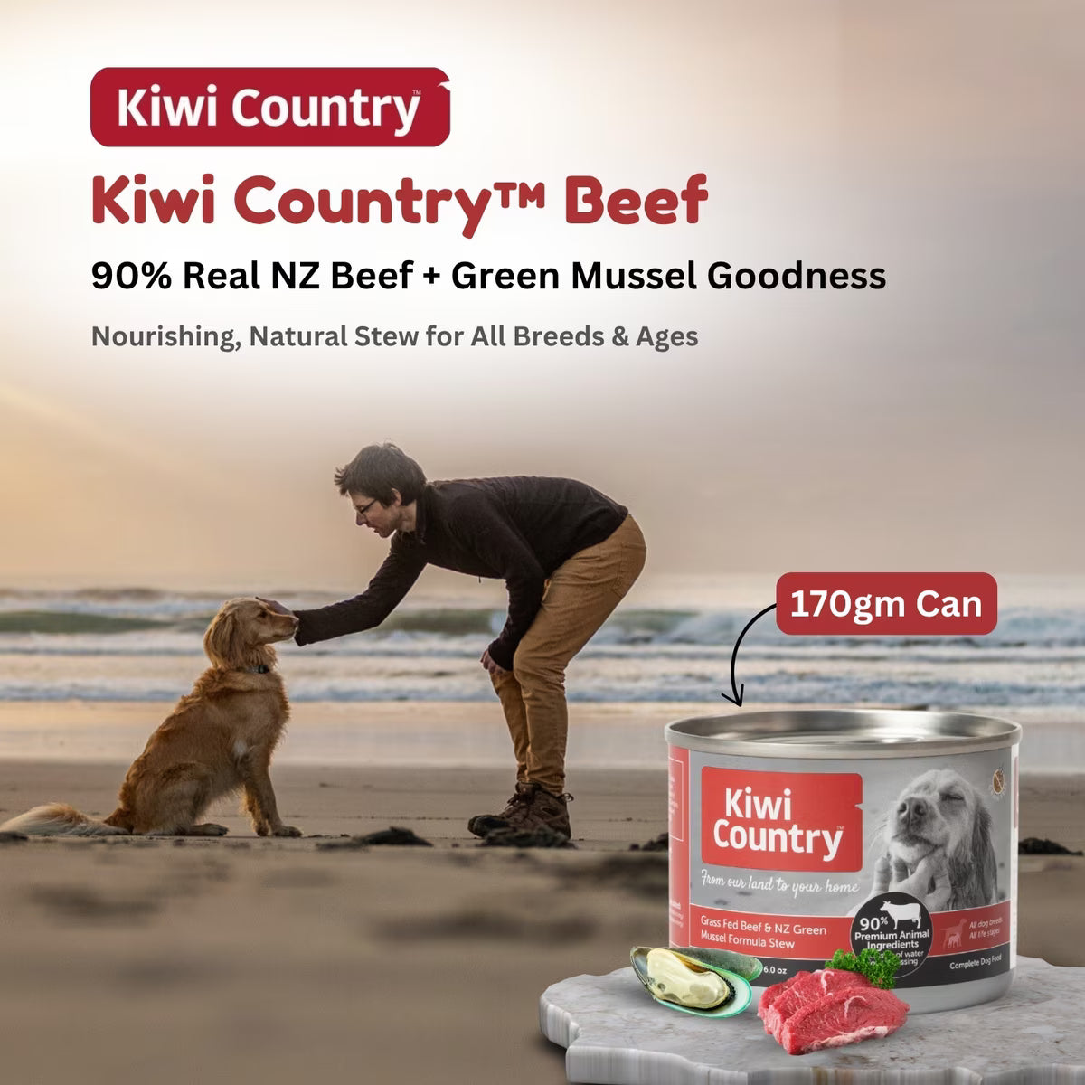 Kiwi Country grain free wet dog food for sensitive stomach in a 170g can with real NZ beef and green mussel