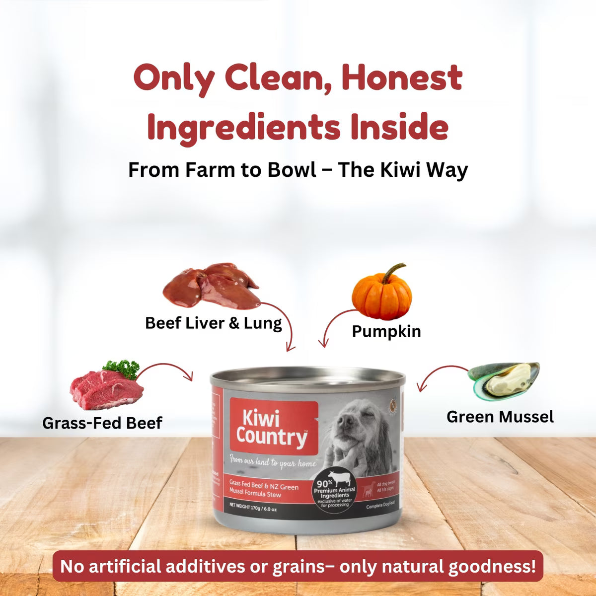 Kiwi Country grain free wet dog food for sensitive stomach with beef, pumpkin, and green mussel in can