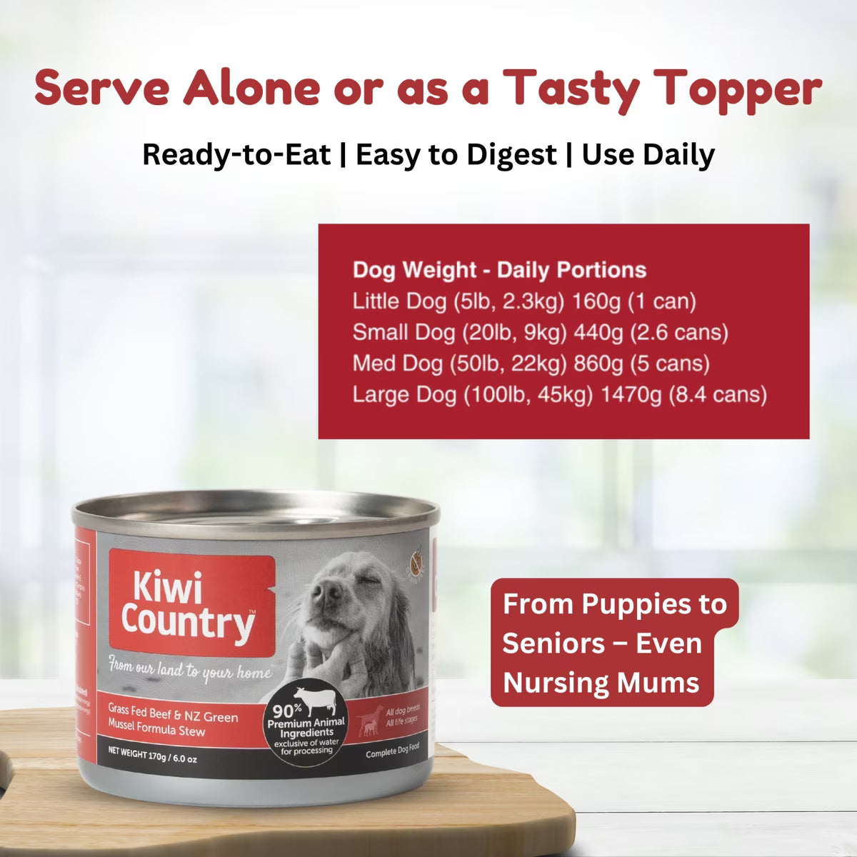 Kiwi Country grain free wet dog food for sensitive stomach in a 13.2 oz can, suitable for all dog sizes