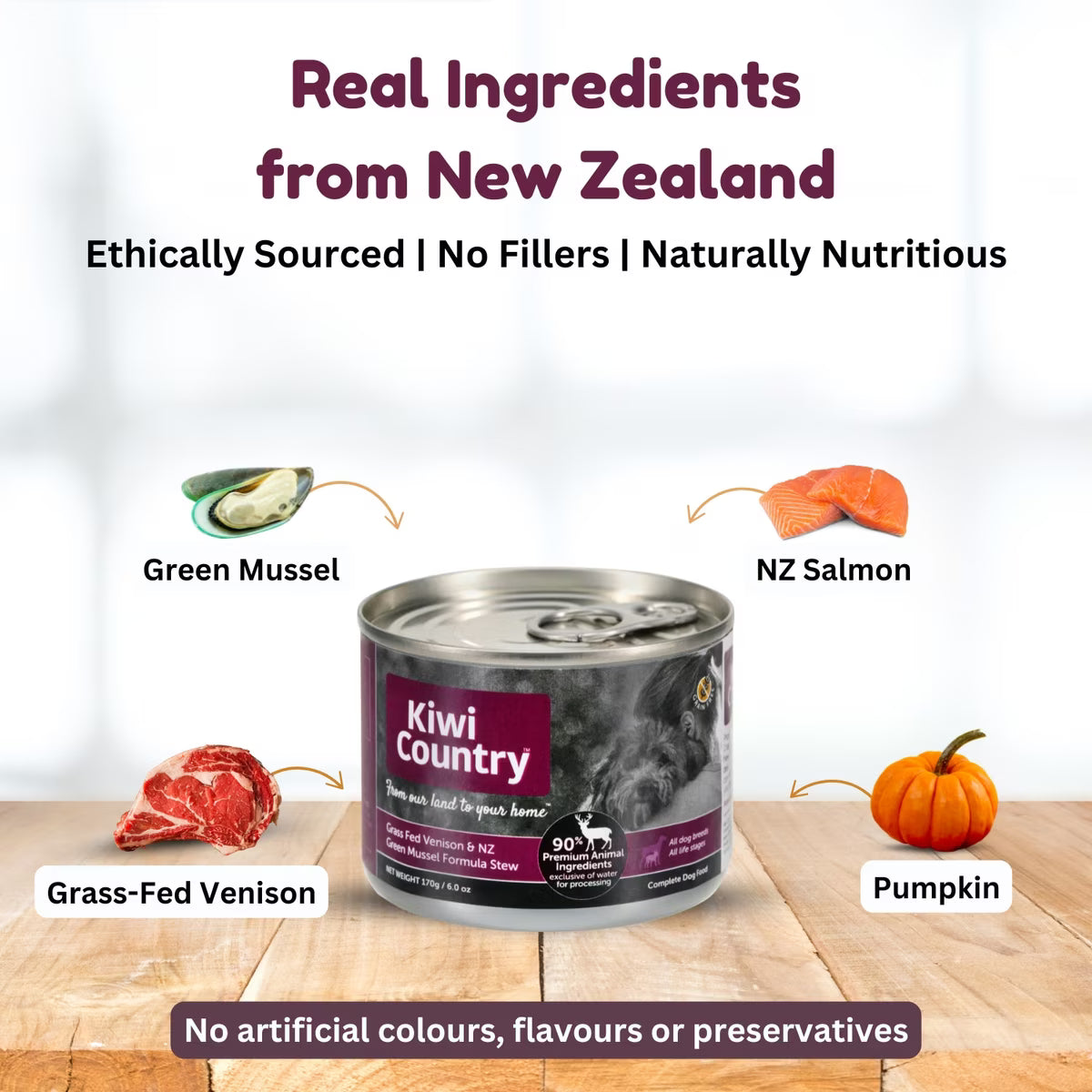 Kiwi Country grain free wet dog food in a silver can featuring real ingredients like NZ salmon and pumpkin