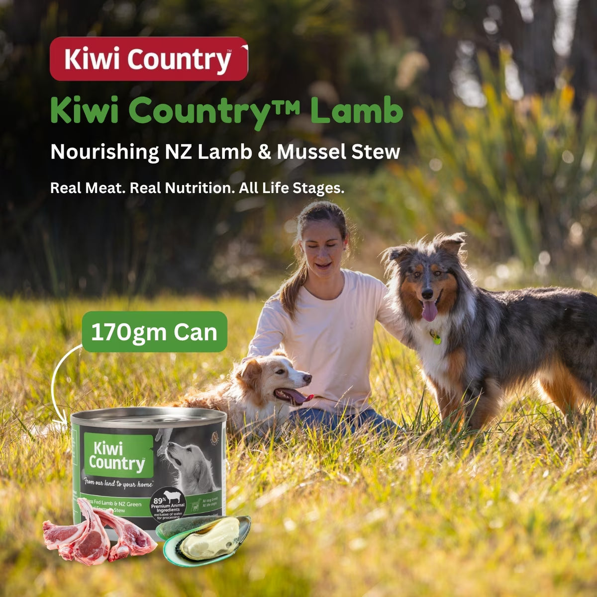 Kiwi Country natural dog food with green mussel in a 170g can featuring NZ lamb and a dog enjoying the outdoors