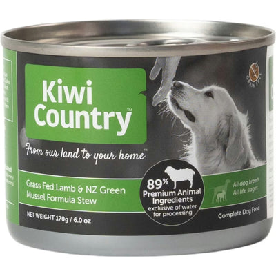 Kiwi Country natural dog food with green mussel in a 6 oz can featuring grass fed lamb formula for dogs