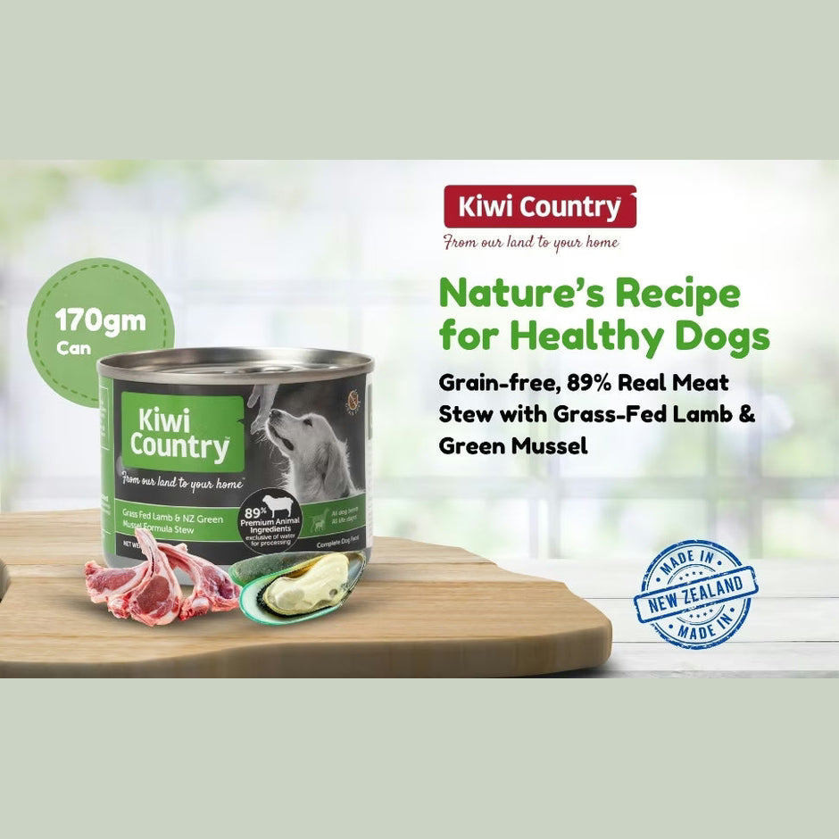 Kiwi Country natural dog food with green mussel in a 170gm can featuring grain-free lamb stew