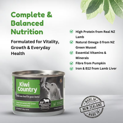 Kiwi Country wet dog food can featuring green mussel for natural dog food with green mussel and balanced nutrition