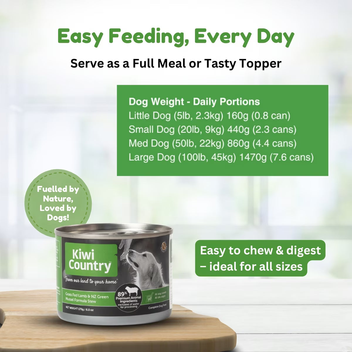 Kiwi Country natural dog food with green mussel in can, suitable for all dog sizes and easy to digest.