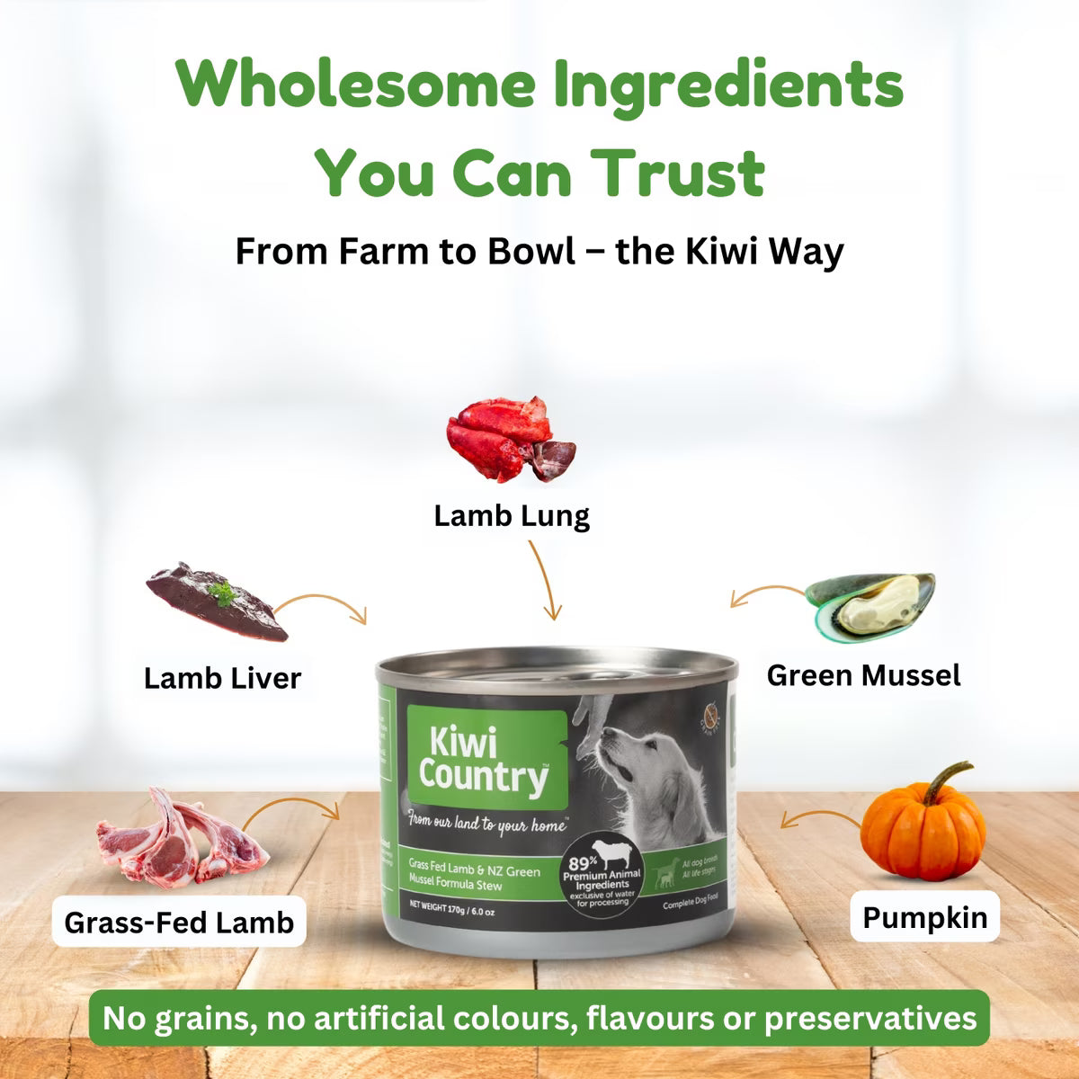 Kiwi Country natural dog food with green mussel in a can featuring wholesome ingredients like lamb liver and pumpkin