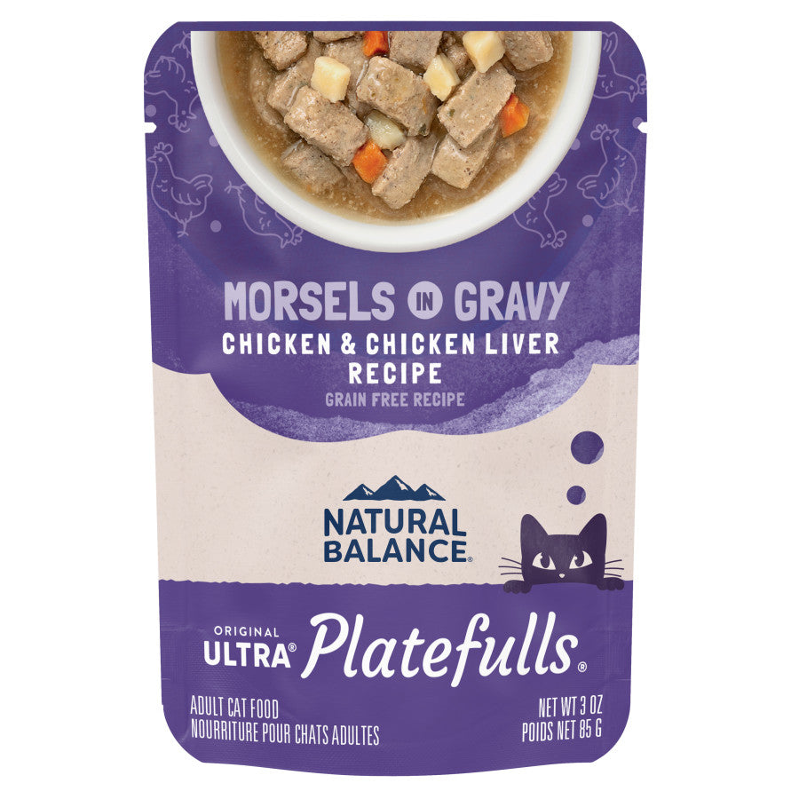 Natural Balance Platefulls Chicken & Chicken Liver Recipe Morsels in Gravy wet cat food pouch.