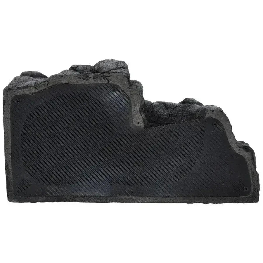 Back view of a 10-inch Komodo Rock Burrow reptile hideaway with a dark, textured rock-like finish.