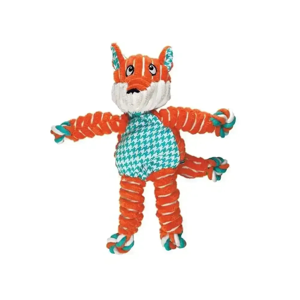 Kong Floppy Knots Fox dog toy in bright orange and teal, designed for playful dogs