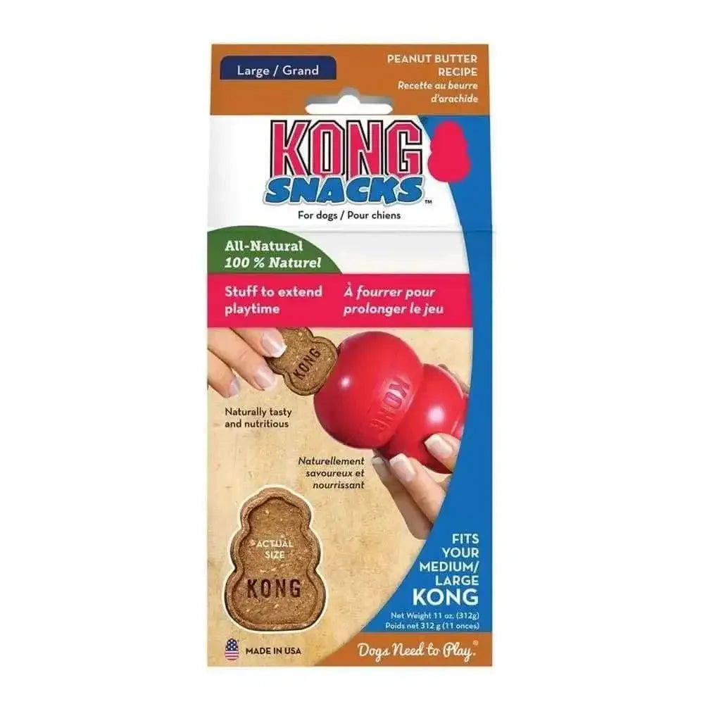 Kong® Snacks Peanut Butter Dog Treats are all-natural treats for dogs, packaged with a large Kong rubber toy and designed to fit medium/large Kong toys.