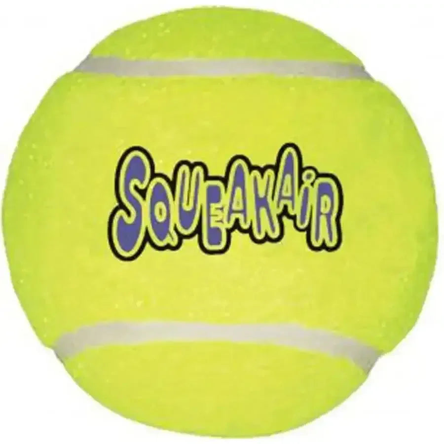Yellow KONG SqueakAir tennis ball dog toy with purple and black logo text.