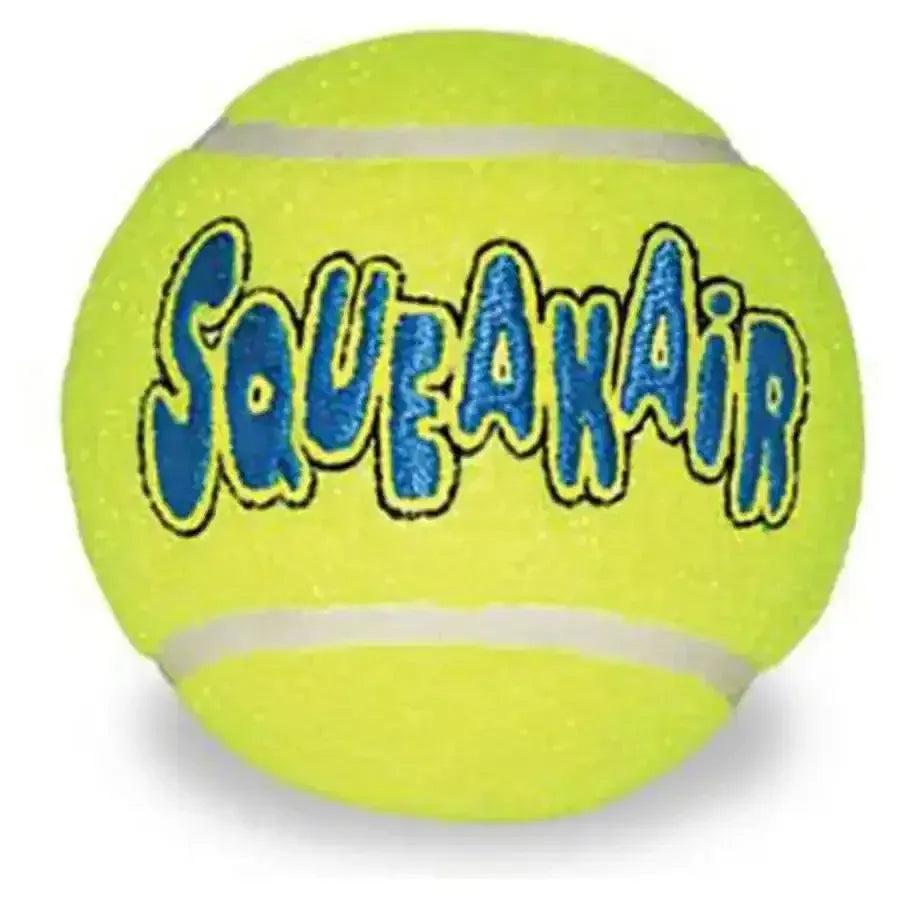 Yellow KONG SqueakAir tennis ball dog toy with blue and white logo text.
