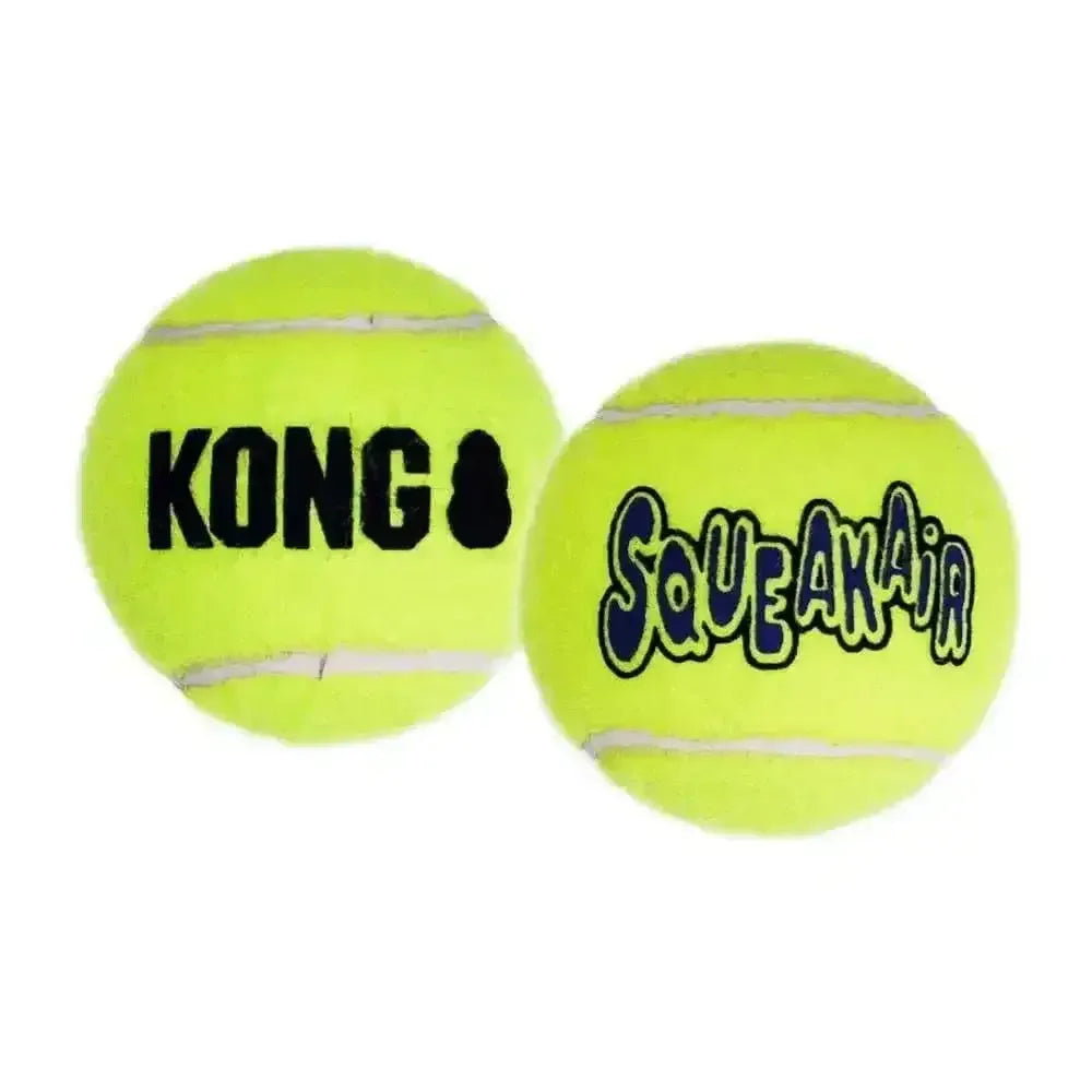 Two yellow KONG SqueakAir tennis balls for dogs with black and blue logos.
