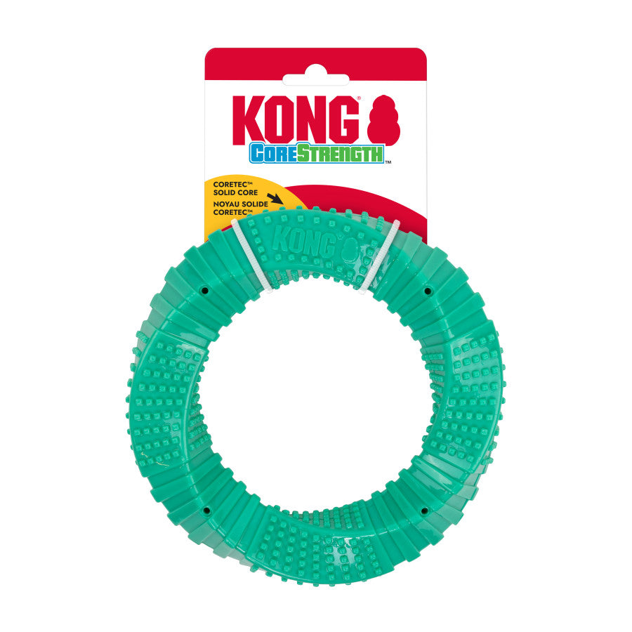 KONG Corestrength Ring Toy in vibrant green, designed for interactive play and durability, featuring textured surfaces.