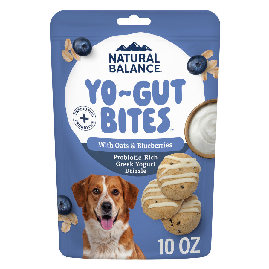 Resealable bag of probiotic dog treats with oats, blueberries, and yogurt drizzle featuring a happy dog image on front