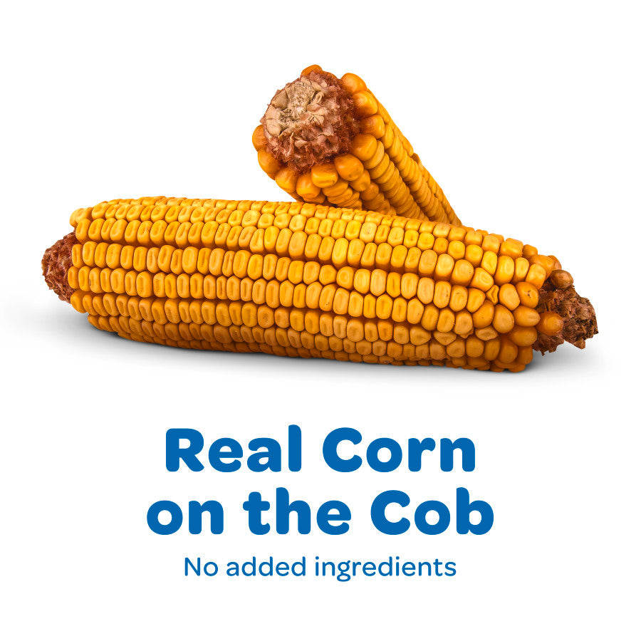 Two dried corn cobs for squirrels and small animals with text reading Real Corn on the Cob.