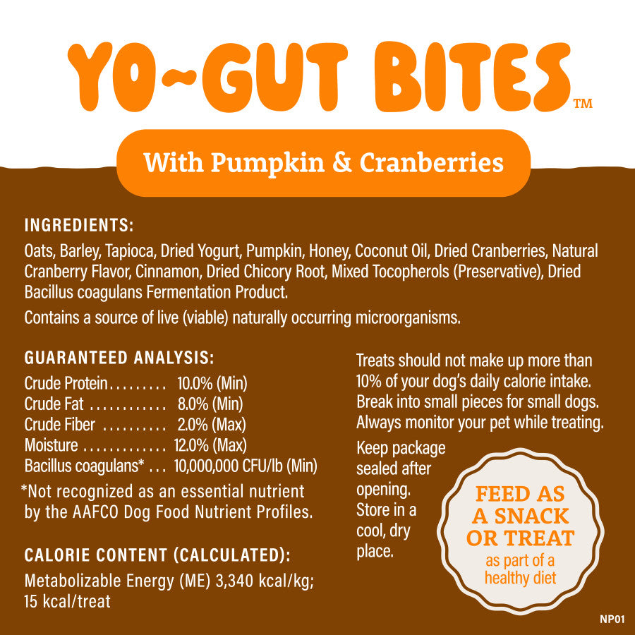 Product label for Yo-Gut Bites dog treats with pumpkin, cranberries, and nutritional information.