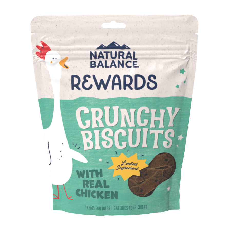 Natural Balance Pet Foods L.I.T. Sweet Potato & Chicken Dog Treats packaging featuring a cartoon goose and colorful design.