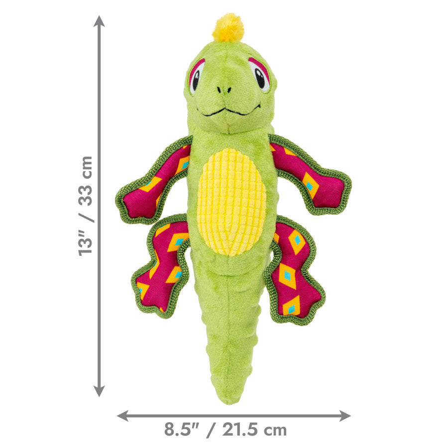 KONG Rattlez Iguana Dog Toy, 13" tall, plush green iguana with colorful limbs and a rattle for engaging playtime adventures.