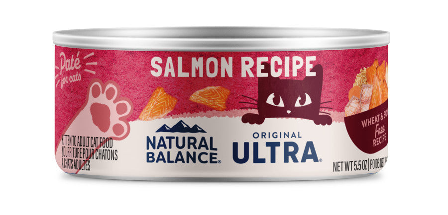 Natural Balance Ultra Salmon Recipe wet cat food 5.5 oz can with pink and white label.